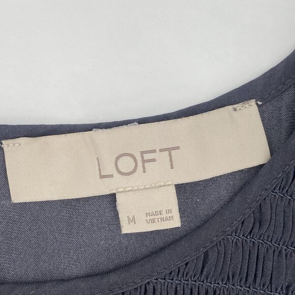 LOFT  Size M Gray Satin Sleeveless Smocked Ruffled Front Blouse - Picture 3 of 11